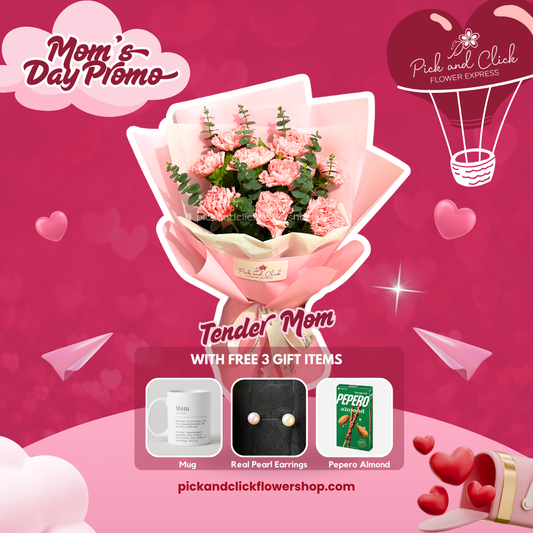 Bouquet of pink carnations and eucalyptus wrapped in soft pink paper, perfect for a tender and loving mom