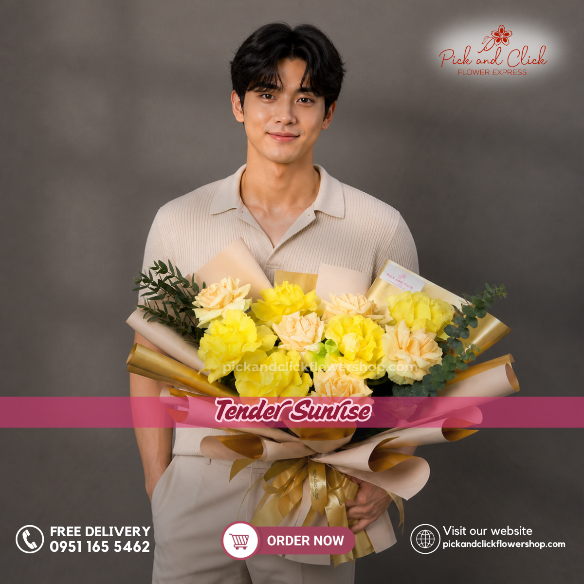 Tender Sunrise Bouquet featuring 5 yellow roses, 5 peach roses, and fresh parvi leaves, arranged in an elegant floral design with yellow, peach, and soft green tones, a cheerful and sophisticated bouquet perfect for birthdays, congratulations, celebrations, and special occasions in the Philippines.