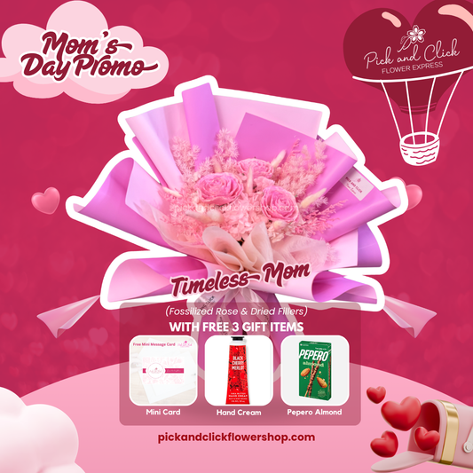 Timeless Mom bouquet featuring a fossilized rose and dried fillers with free mini card, hand cream, and Pepero Almond as a lasting Mother’s Day keepsake gift.