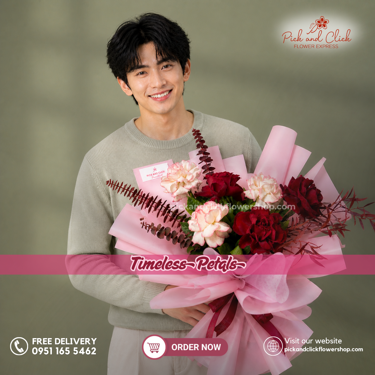 Timeless Petals Bouquet featuring two tone pink roses, imported red roses, rosal, red sprayed eucalyptus, and fresh parvi leaves, arranged in an elegant floral design with blush pink, deep red, and rich green accents, a luxurious and romantic bouquet perfect for anniversaries, birthdays, Valentine's Day, Mother's Day, and special occasions in the Philippines.