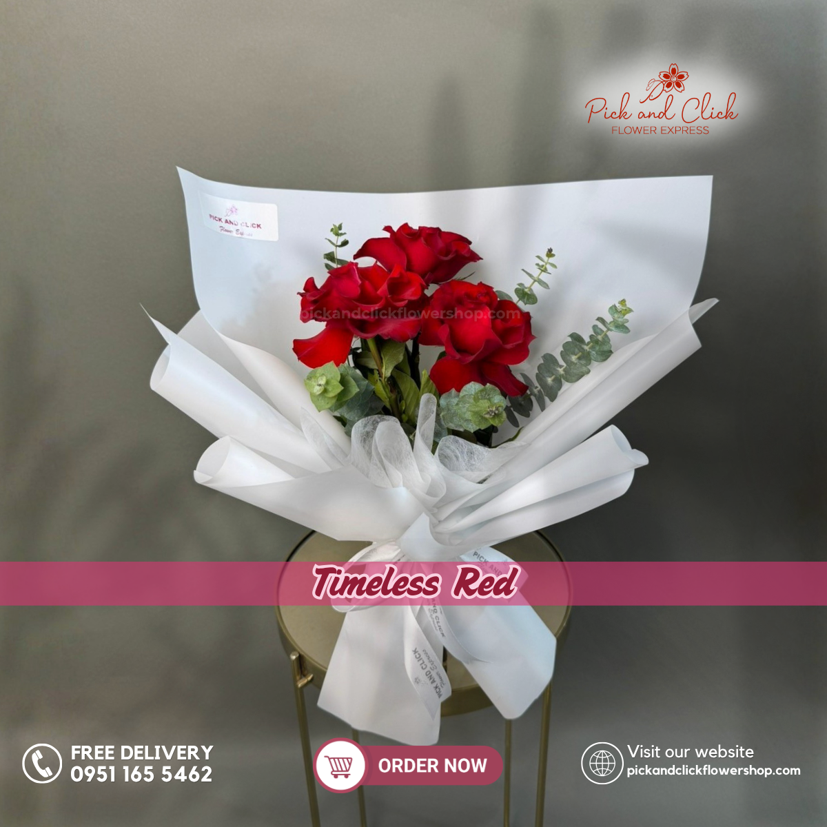 Timeless Red Bouquet featuring 3 premium red roses accented with fresh eucalyptus, arranged in an elegant floral design, a timeless and romantic bouquet perfect for anniversaries, proposals, Valentine's Day, and special occasions in the Philippines.