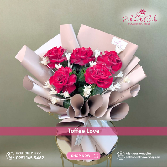 Toffee Love Bouquet featuring five imported red roses with elegant dried fillers in a modern premium hand bouquet, perfect for romantic gifting and special occasions.