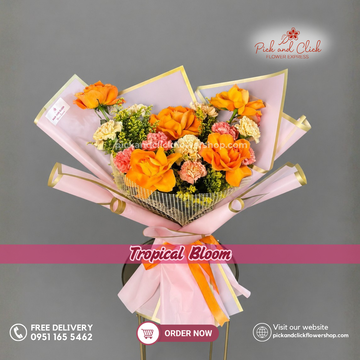 Tropical Bloom Bouquet featuring 5 Orange Roses, 5 Orange Carnations, 5 Champagne Carnations, and Golden Rod in a vibrant orange and champagne flower bouquet in the Philippines.