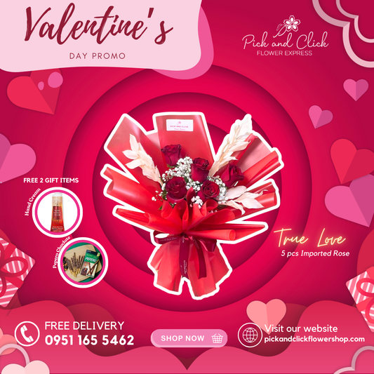True Love Bouquet featuring imported red roses, gypsophila, and dried preserved melaleuca, presented with free hand cream and Pepero for a classic romantic gift.