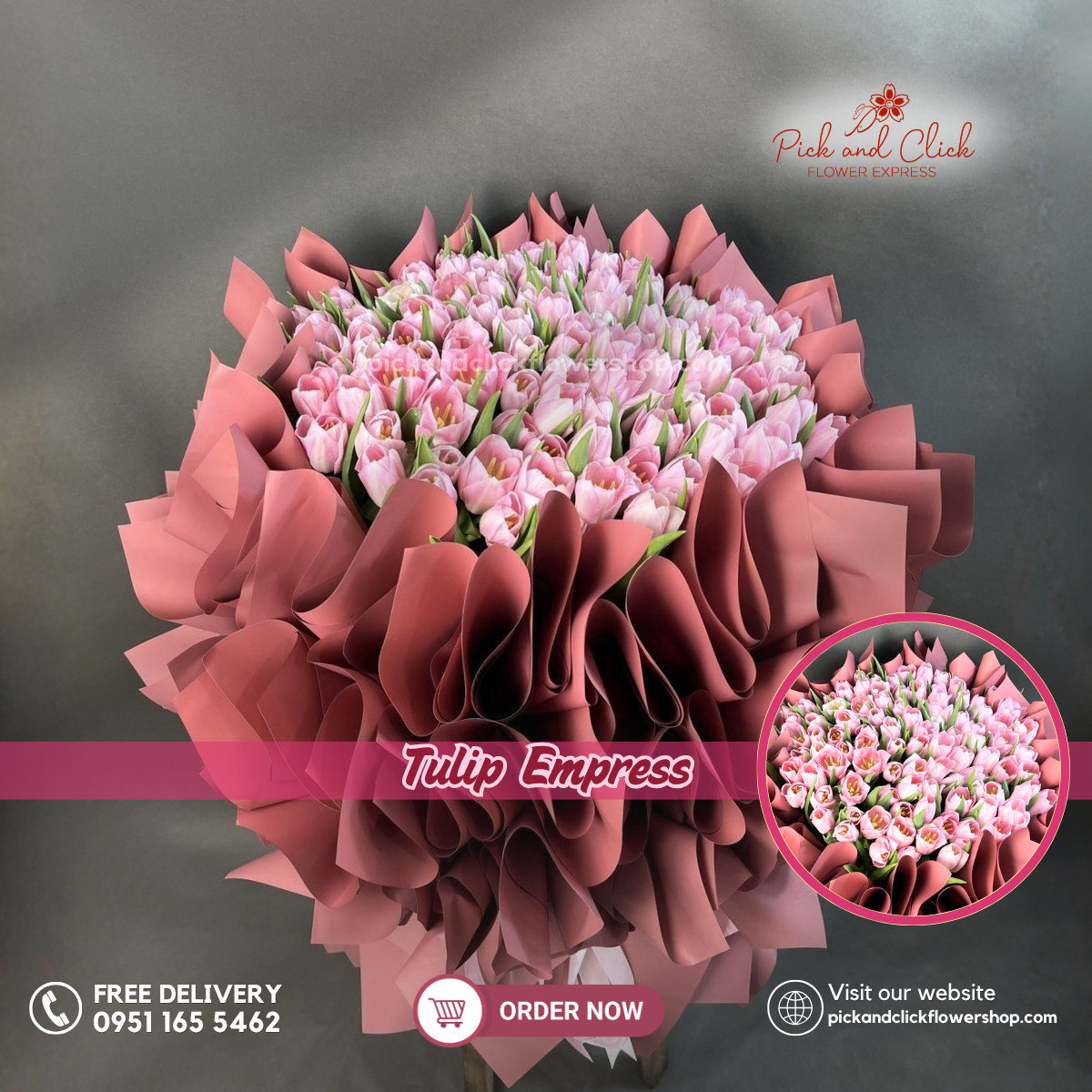 Tulip Empress Bouquet featuring 100 premium pink tulips arranged in a luxurious floral design with soft blush pink tones, an elegant statement bouquet perfect for birthdays, anniversaries, weddings, romantic gifts, and grand celebrations in the Philippines.