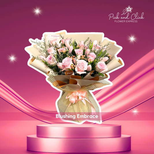 Bouquet of imported pink China rose, tulips, berries, and misty blue in two-tone gold and beige wrap — soft and elegant floral gift