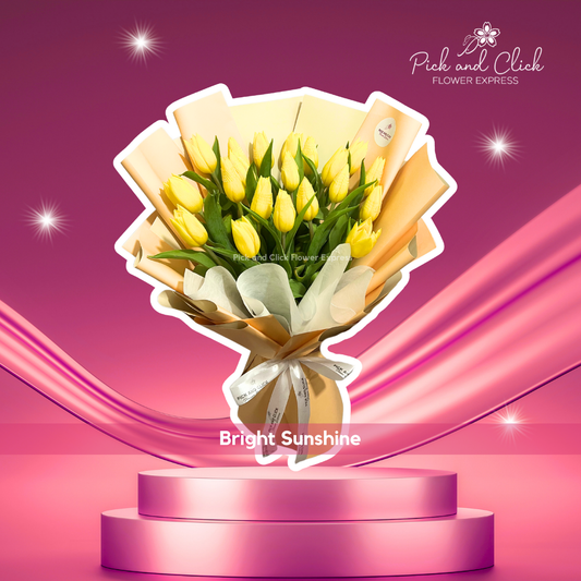 Bouquet of fresh yellow tulips in vibrant yellow wrap — cheerful and elegant floral gift