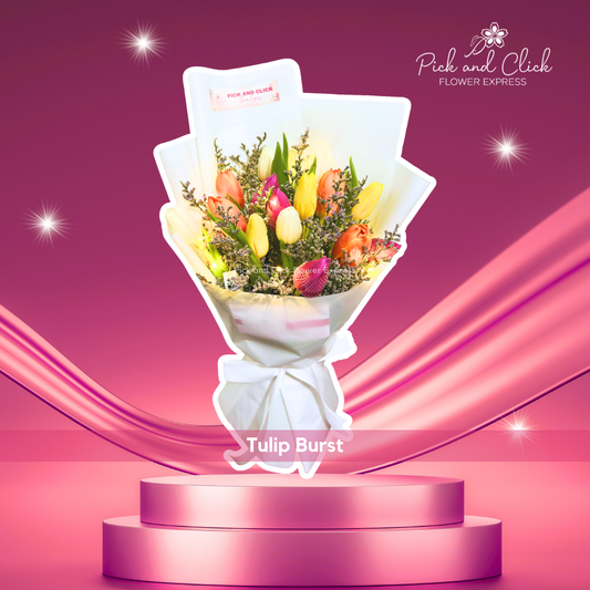 Bouquet of tulips and misty blue with fairy lights in white wrap — glowing romantic floral arrangement