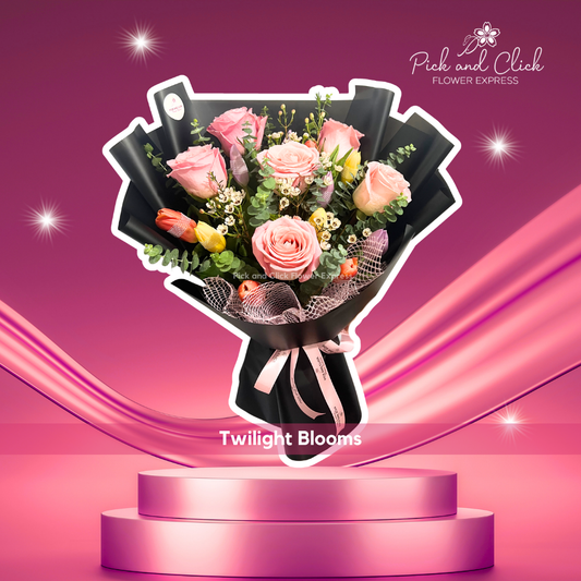 Bouquet of imported Ecuadorian rose, tulips, wax flowers, berries, and eucalyptus in black wrap — elegant and luxurious