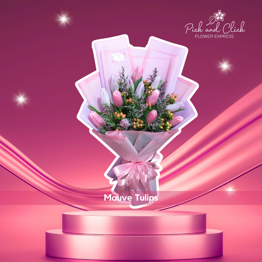 Bouquet of tulips, berries, and misty blue flowers in purple pink wrap — romantic and stylish floral gift