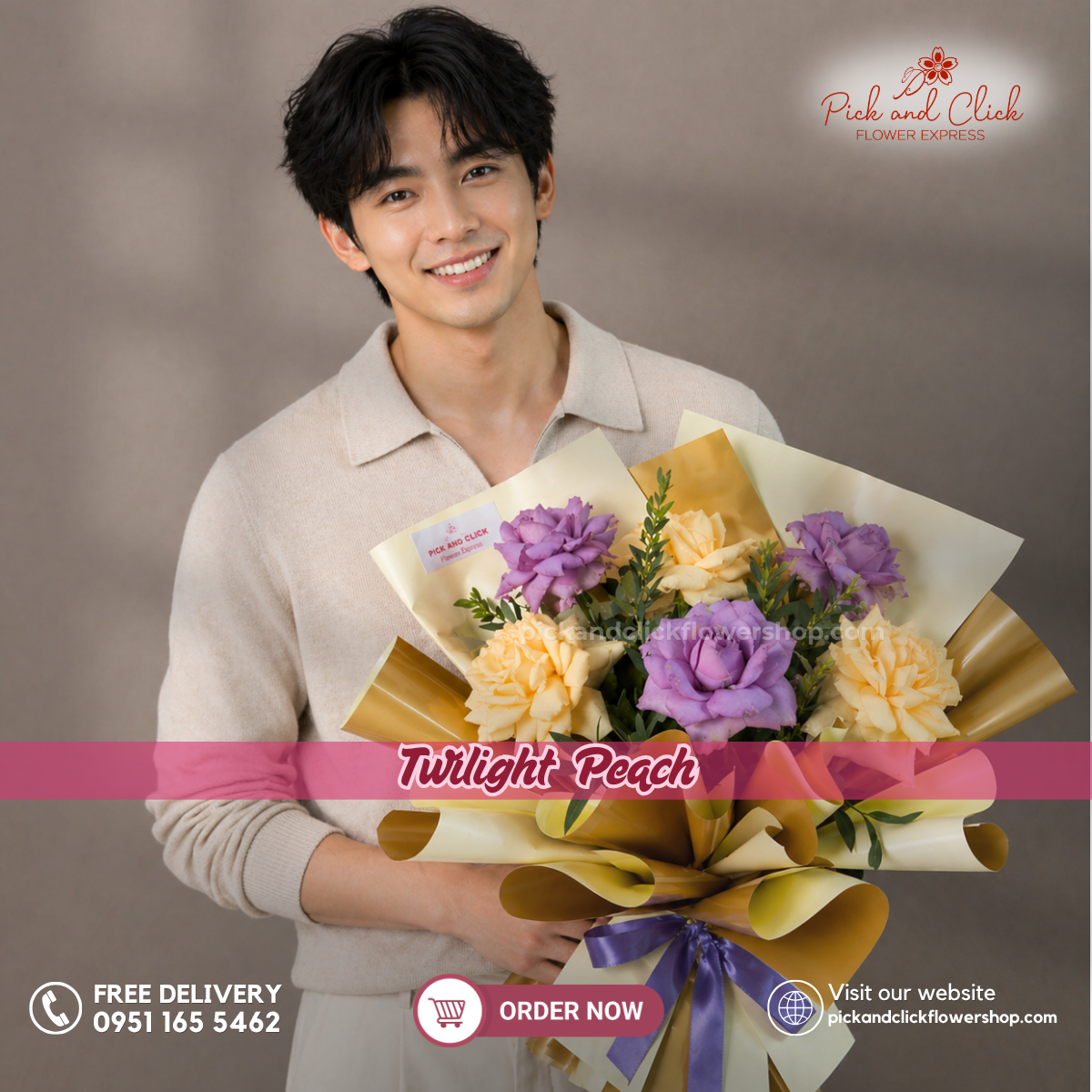 Twilight Peach Bouquet featuring Moody Blue roses, peach roses, and fresh parvi leaves, arranged in an elegant floral design with peach, muted blue, and fresh green accents, a sophisticated and luxurious bouquet perfect for birthdays, anniversaries, romantic gifts, and special occasions in the Philippines.