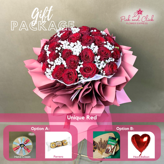 Unique Red bouquet featuring 30 imported red roses and gypsophila arranged in a grand romantic hand bouquet.