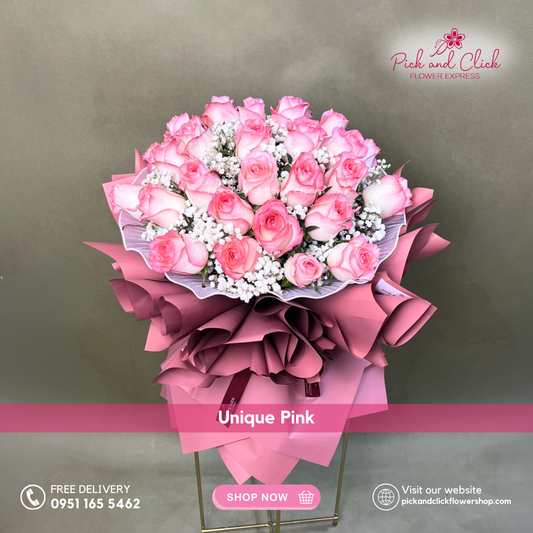 Unique Pink Bouquet featuring 30 two-tone pink roses with gypsophila in an elegant hand bouquet, perfect for romantic occasions and premium flower gifting.