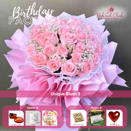 Unique Blush 3 bouquet featuring 30 imported light pink roses and gypsophila arranged in a birthday gift package with optional add ons.