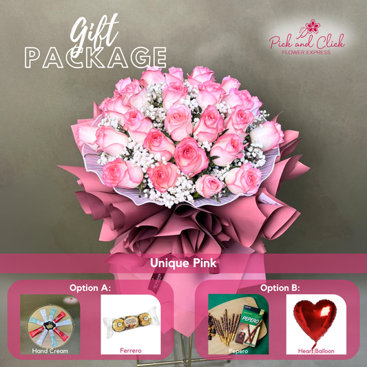 Unique Pink bouquet featuring 30 two tone pink roses and gypsophila arranged in an elegant gift package with optional add ons.