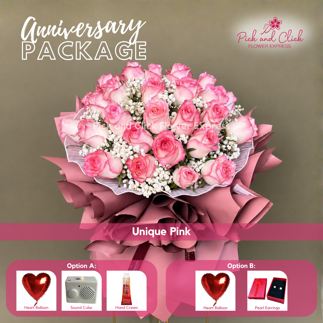Unique Pink Anniversary Package featuring 30 Two-Tone Pink Roses with Gypsophila and a choice of thoughtful anniversary gift add-ons in the Philippines.