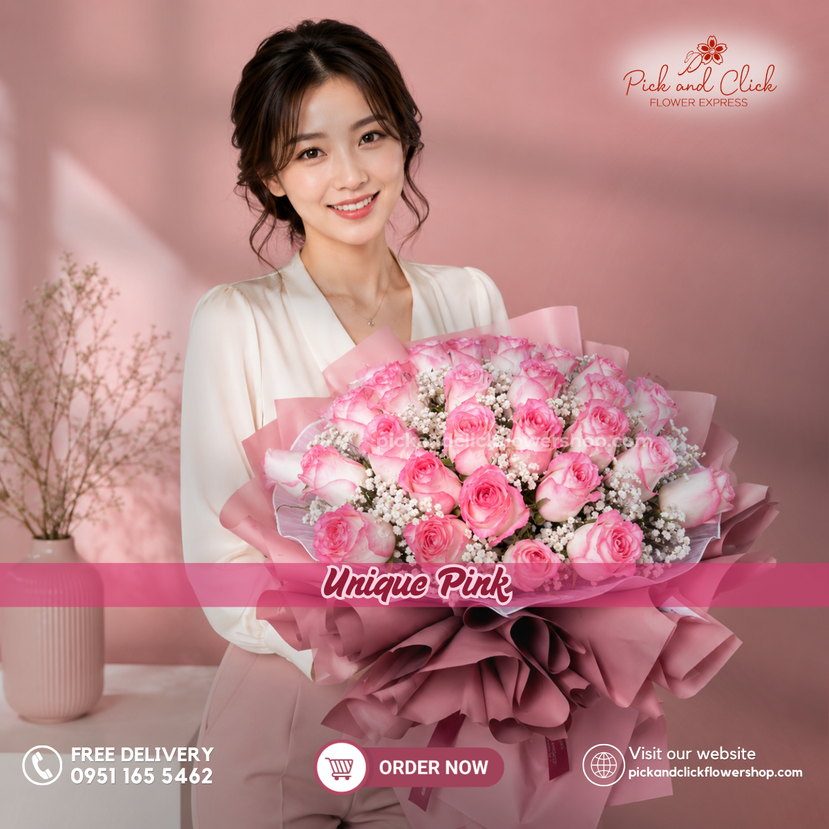 Unique Pink Bouquet featuring 30 premium two tone pink roses accented with delicate gypsophila, arranged in an elegant floral design with soft two tone pink blooms and white accents, a luxurious and romantic bouquet perfect for birthdays, anniversaries, Mother's Day, weddings, and special occasions in the Philippines.