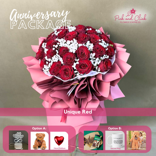 Unique Red bouquet featuring 30 imported red roses and gypsophila arranged in an anniversary gift package with optional add ons.