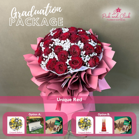 Unique Red Graduation Package featuring 30 red roses with gypsophila and your choice of graduation gift add-ons, including a congratulations balloon, metal pen, hand cream, and Pepero.