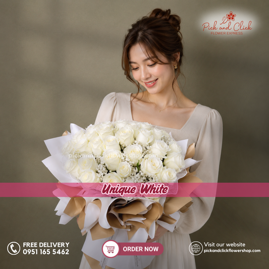 Unique White Bouquet featuring 35 imported white roses accented with delicate gypsophila, arranged in an elegant floral design with a classic white color theme, a timeless and luxurious bouquet perfect for weddings, anniversaries, sympathy, congratulations, and special occasions in the Philippines