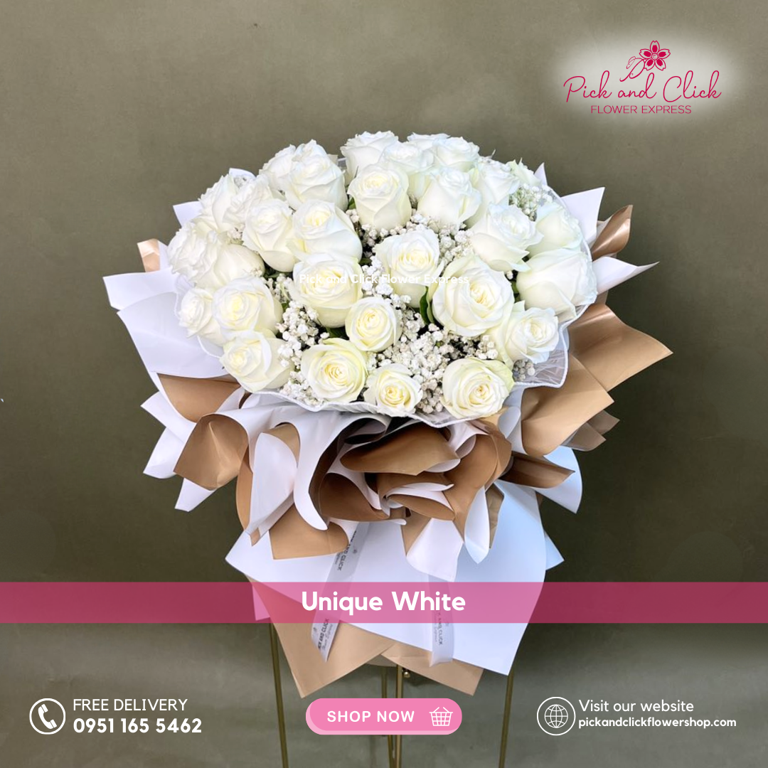 Unique White Bouquet featuring imported white roses accented with delicate gypsophila, a timeless and elegant floral arrangement perfect for anniversaries, and special occasions in the Philippines.