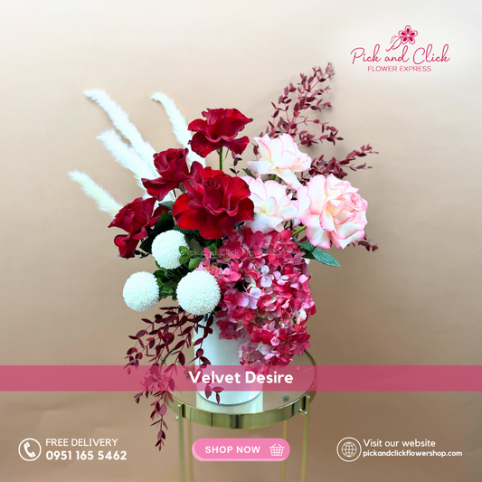 Imported red and two-tone pink roses with pompom and pampas in a vase – Metro Manila flower delivery
