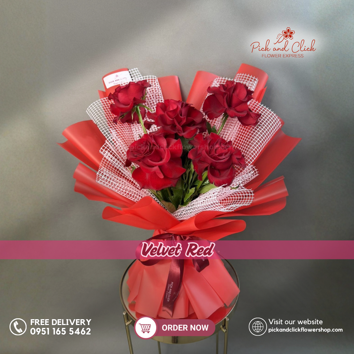 Velvet Red bouquet featuring 5 premium red roses in a classic romantic floral arrangement.