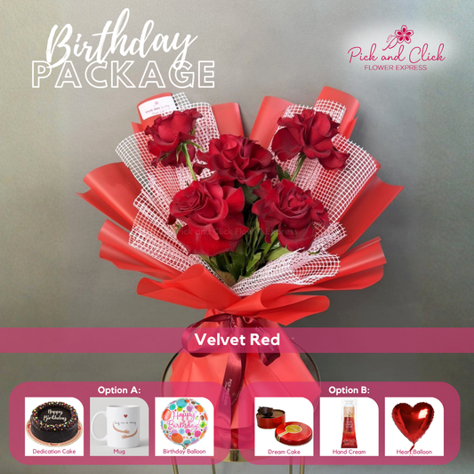 Velvet Red Birthday Package featuring 5 premium red roses with your choice of birthday gift add-ons.