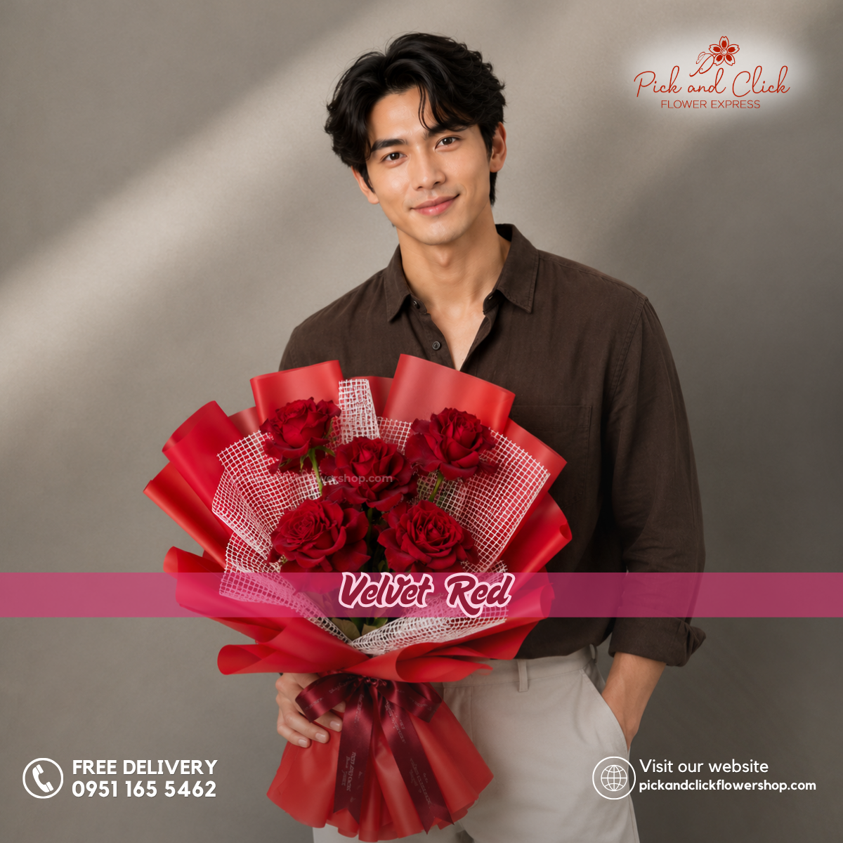 Velvet Red Bouquet featuring 5 deep crimson red roses arranged in an elegant floral design, a timeless and romantic bouquet perfect for anniversaries, proposals, Valentine's Day, and special occasions in the Philippines.