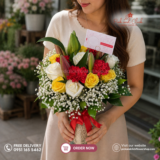 Vibrant Charm Vase Arrangement featuring imported white and yellow roses, red carnations, pink stargazer lilies, and delicate gypsophila, a bright and cheerful floral display perfect for celebrations, gifts, and special occasions in the Philippines.