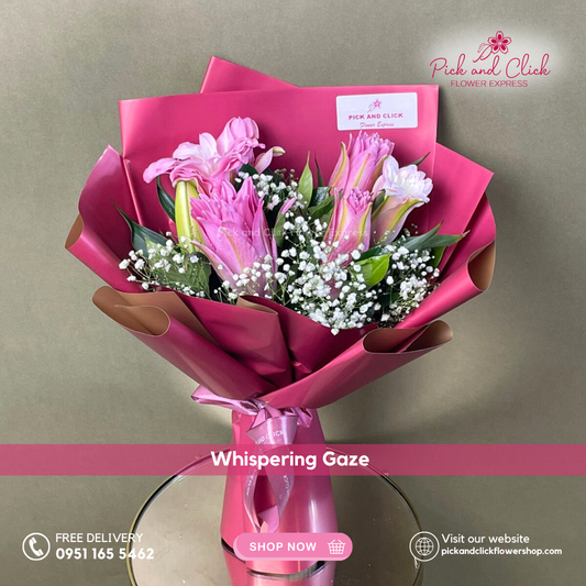 Bouquet of flowers wrapped in pink paper with 'Pick and Click Flower Express' branding.