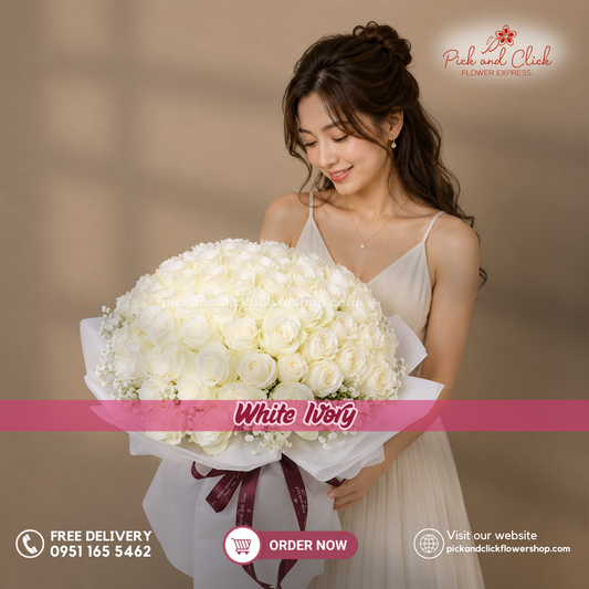White Ivory Bouquet featuring 100 imported white roses arranged in a luxurious floral design with a pure white color theme, an elegant statement bouquet perfect for weddings, anniversaries, grand celebrations, sympathy, corporate gifting, and special occasions in the Philippines.