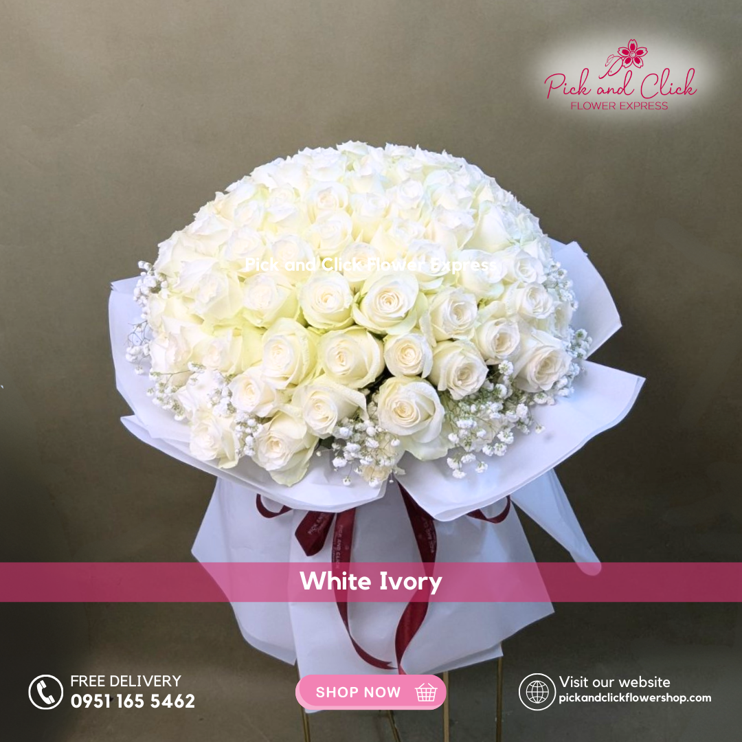 White Ivory Bouquet featuring imported fresh white roses arranged in a luxurious and elegant floral design, a timeless and sophisticated bouquet perfect for weddings, anniversaries, sympathy, and special occasions in the Philippines.