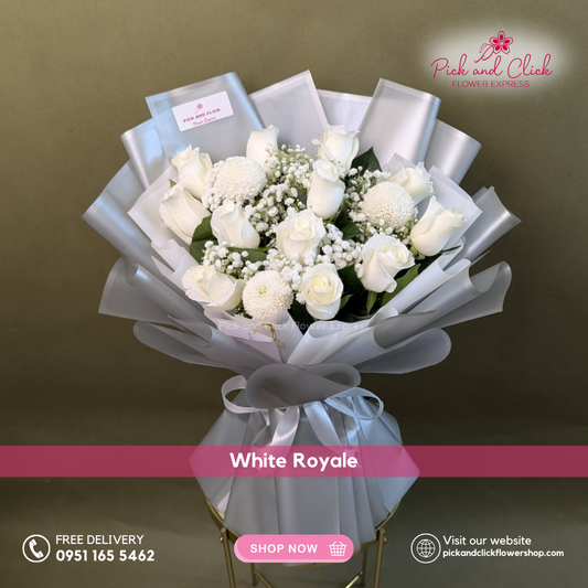 Bouquet of white flowers wrapped in silver paper with 'Pick and Click Flower Express' branding.