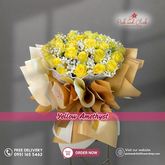 Yellow Amethyst Bouquet featuring 30 premium yellow roses with gypsophila in an elegant floral arrangement.