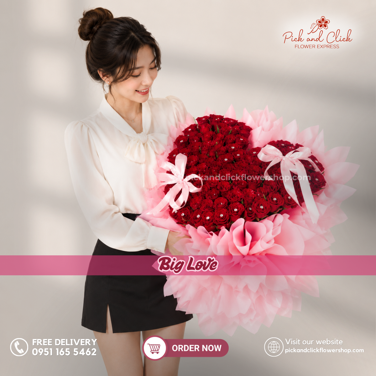Big Love bouquet featuring 100 imported red China roses wrapped in elegant pink wrapping, perfect for proposals, anniversaries, grand romantic gestures, Valentine's Day, and flower delivery in the Philippines.