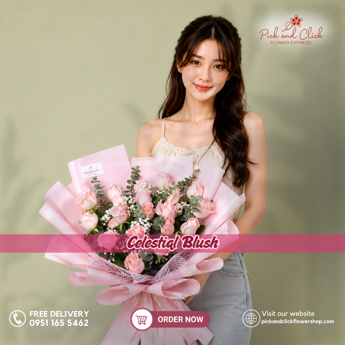 Celestial Blush bouquet featuring imported pink roses, white statice, and fresh eucalyptus leaves in a premium full-stem arrangement, perfect for birthdays, anniversaries, romantic gifts, and flower delivery in the Philippines.