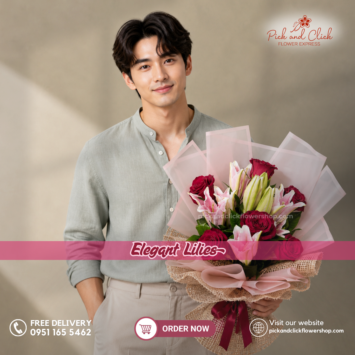 Elegant Lilies bouquet featuring fragrant pink Stargazer lilies and premium red roses, beautifully arranged to express romance and elegance, perfect for anniversaries, birthdays, romantic gifts, and flower delivery in the Philippines.