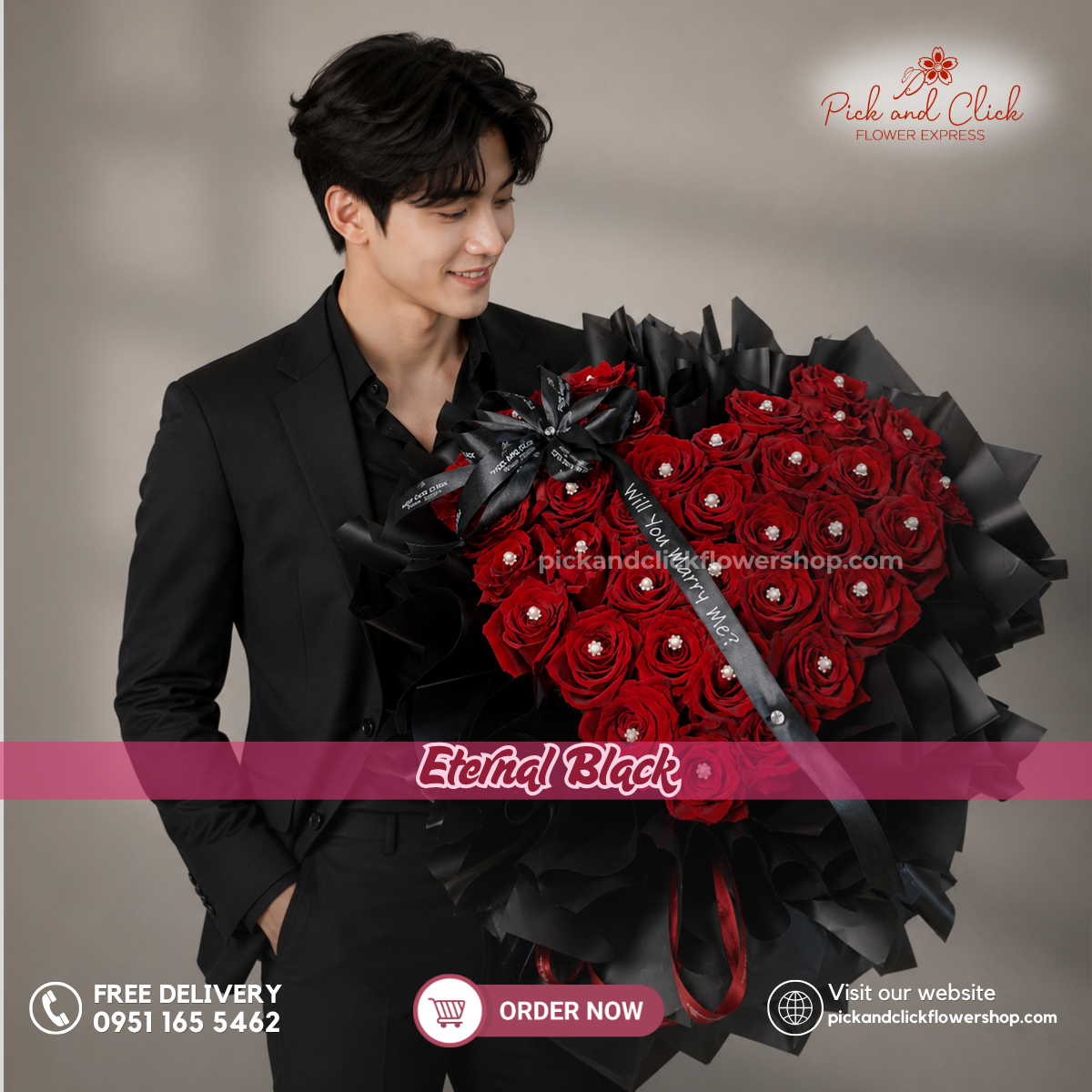 Eternal Black bouquet featuring 35 premium imported Ecuadorian roses wrapped in elegant Korean-style premium wrapping with a matching ribbon, perfect for anniversaries, proposals, romantic gifts, luxury celebrations, and flower delivery in the Philippines.