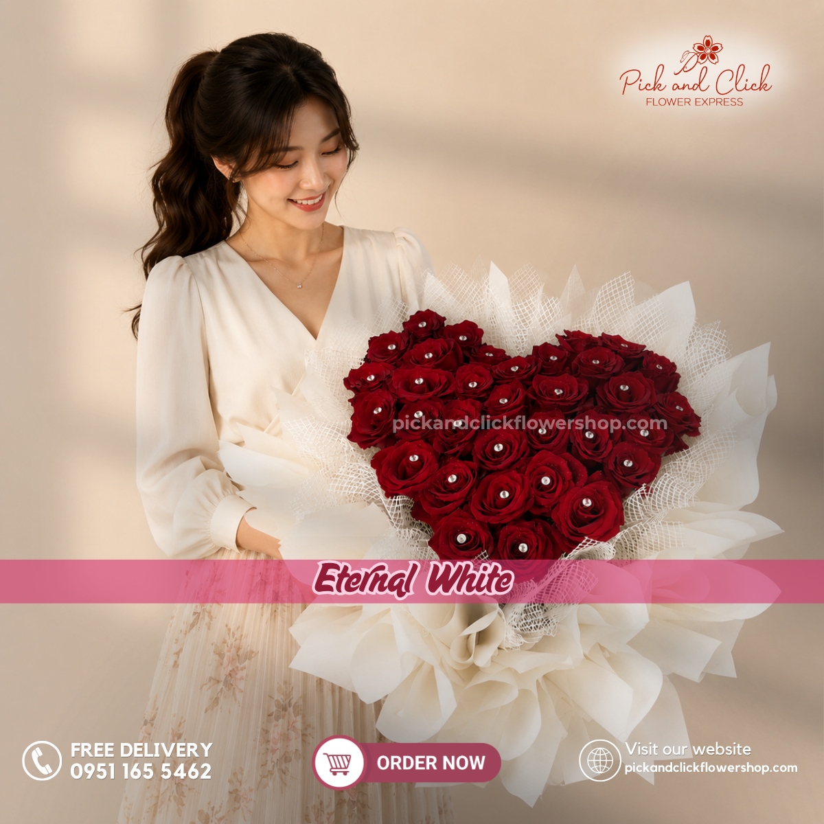 Eternal White bouquet featuring 33 premium Ecuadorian white roses with large velvety petals, elegantly wrapped in a sophisticated white design, perfect for weddings, anniversaries, sympathy, special occasions, and flower delivery in the Philippines.