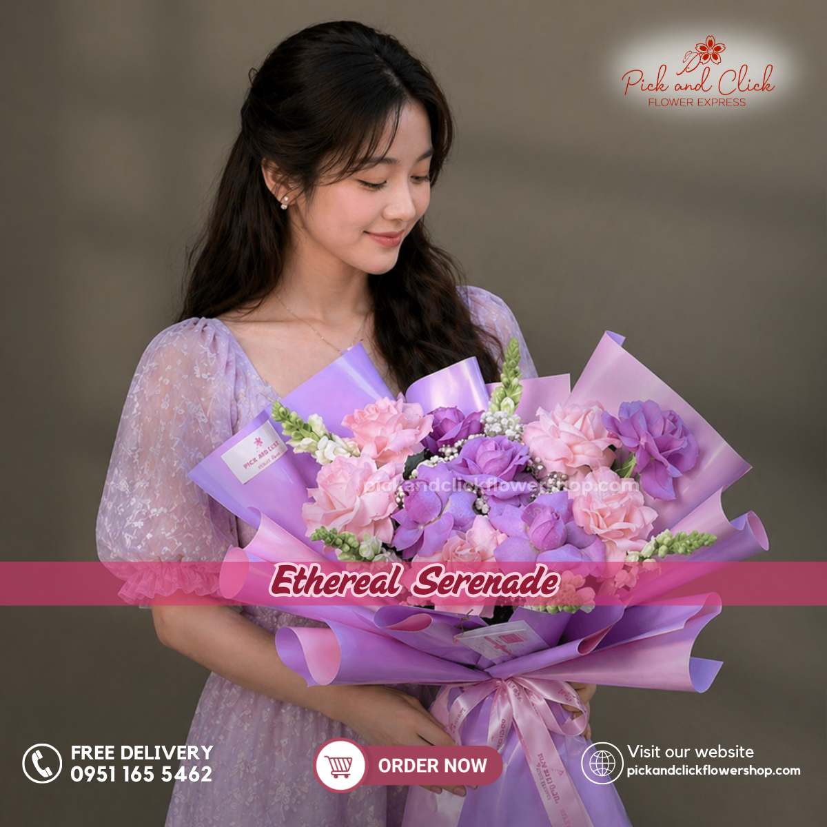Ethereal Serenade bouquet featuring moody blue roses, imported light pink roses, and matthiola, wrapped in premium Korean-style wrapping with a satin ribbon, perfect for anniversaries, birthdays, romantic gifts, and flower delivery in the Philippines.