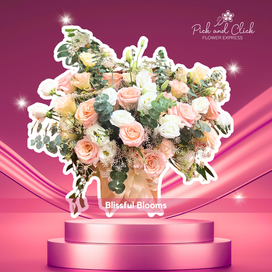 Box arrangement of imported roses, lisianthus, eucalyptus, Queen Anne’s Lace, and dried parvy — rustic and elegant floral gift


