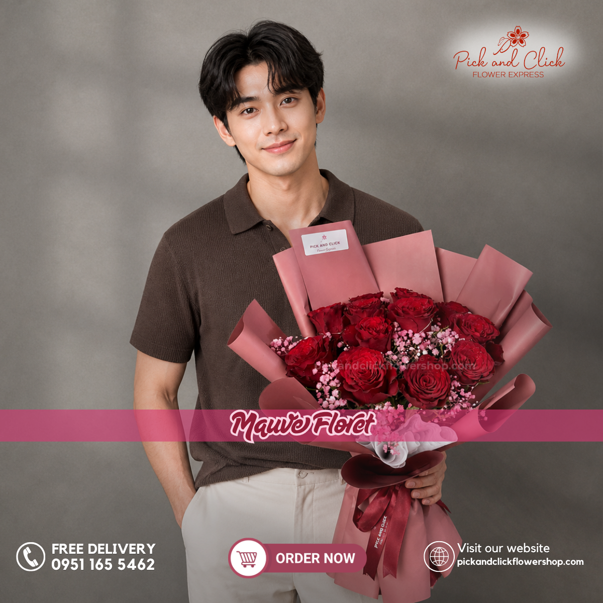 Mauve Floret bouquet featuring imported red roses and pink-sprayed gypsophila in a deep red, soft pink, and natural green color palette, perfect for anniversaries, romantic gifts, birthdays, and flower delivery in the Philippines.