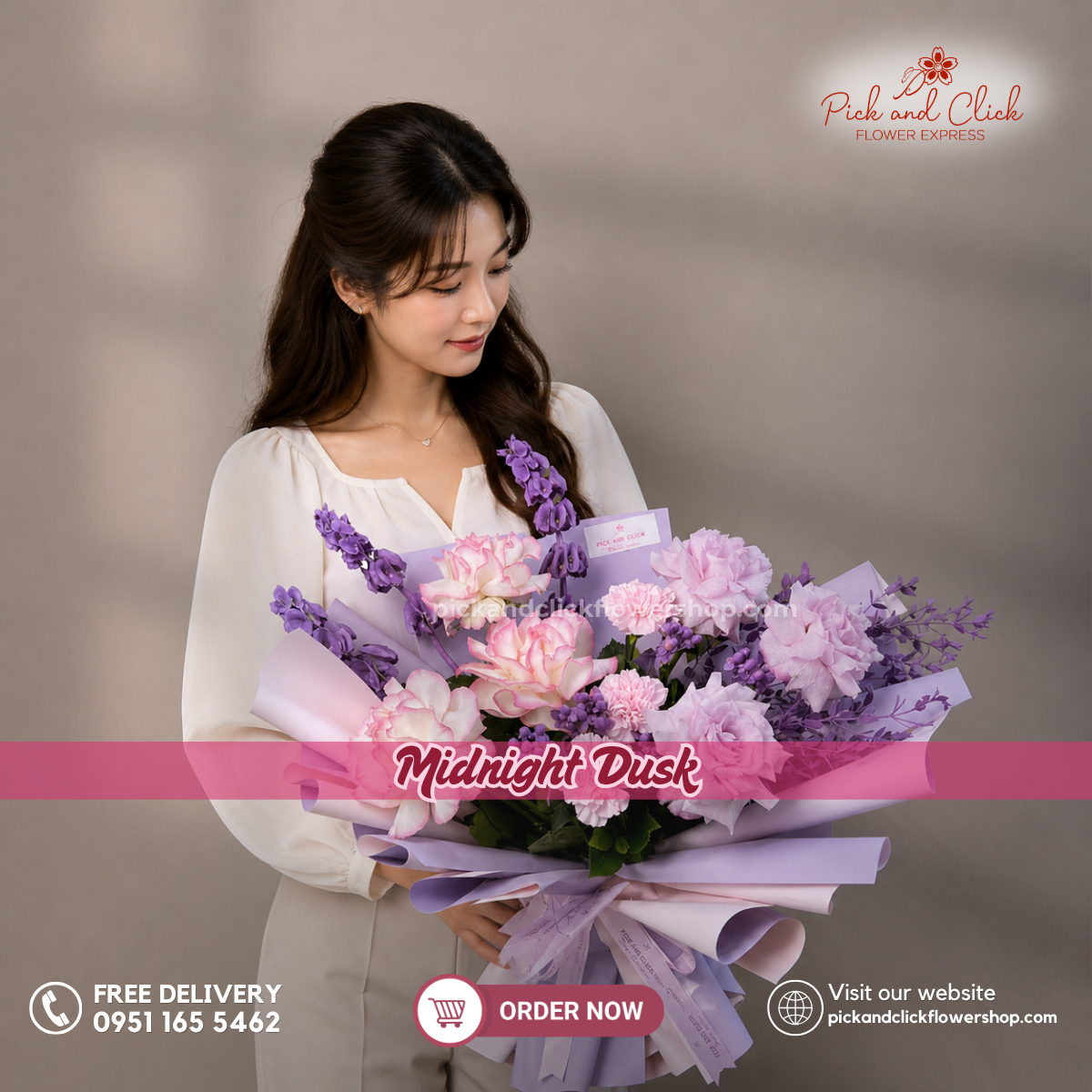Midnight Dusk bouquet featuring moody blue roses, two-tone pink roses, blue-sprayed Bells of Ireland, and parvi leaves, wrapped in a stylish Korean-style pastel wrap with ribbon, perfect for birthdays, anniversaries, romantic gifts, and flower delivery in the Philippines.