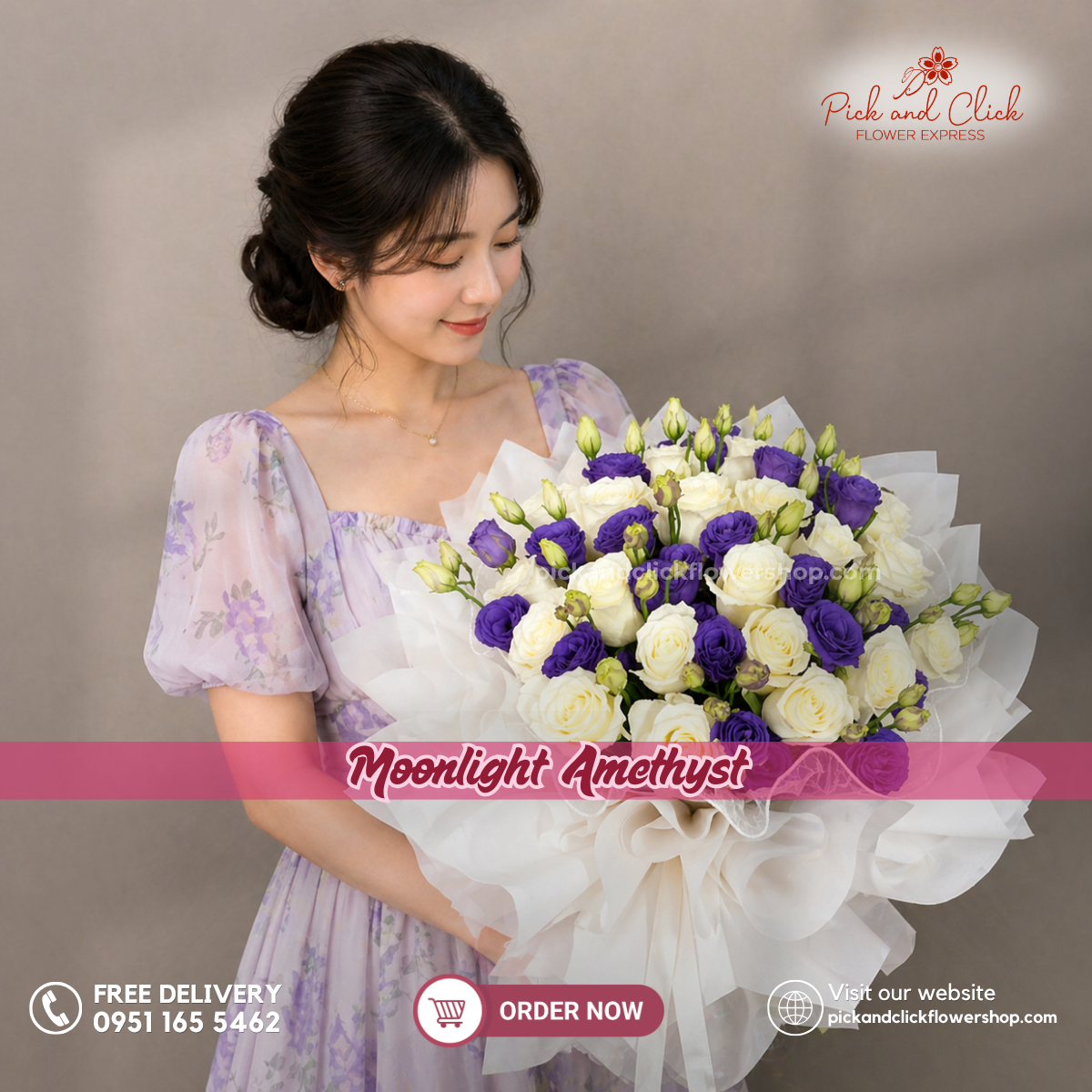 Moonlight Amethyst bouquet featuring fresh white roses and elegant violet lisianthus, beautifully arranged to symbolize purity and sophistication, perfect for weddings, anniversaries, birthdays, heartfelt gifts, and flower delivery in the Philippines.