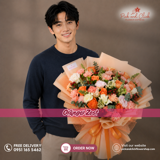 Orange Zest bouquet featuring fresh orange roses and carnations, beautifully arranged to symbolize joy, enthusiasm, and warmth, perfect for birthdays, anniversaries, graduations, celebrations, and flower delivery in the Philippines.