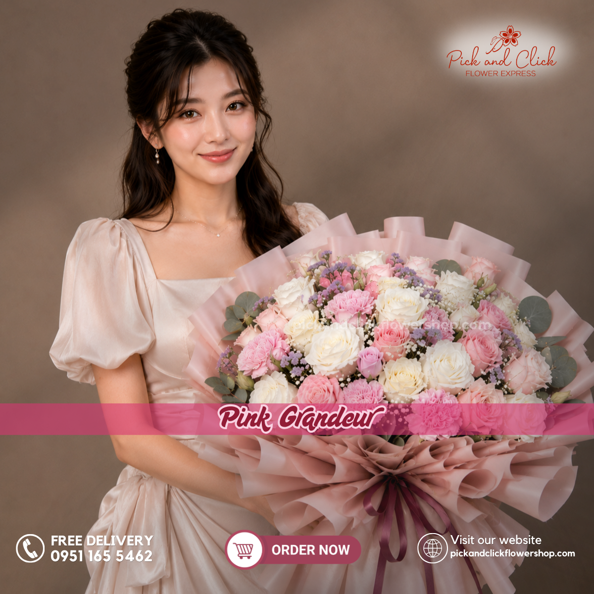 Pink Grandeur bouquet featuring premium pink imported roses, carnations, and seasonal flowers, beautifully arranged for birthdays, anniversaries, grand celebrations, romantic gifts, and flower delivery in the Philippines.