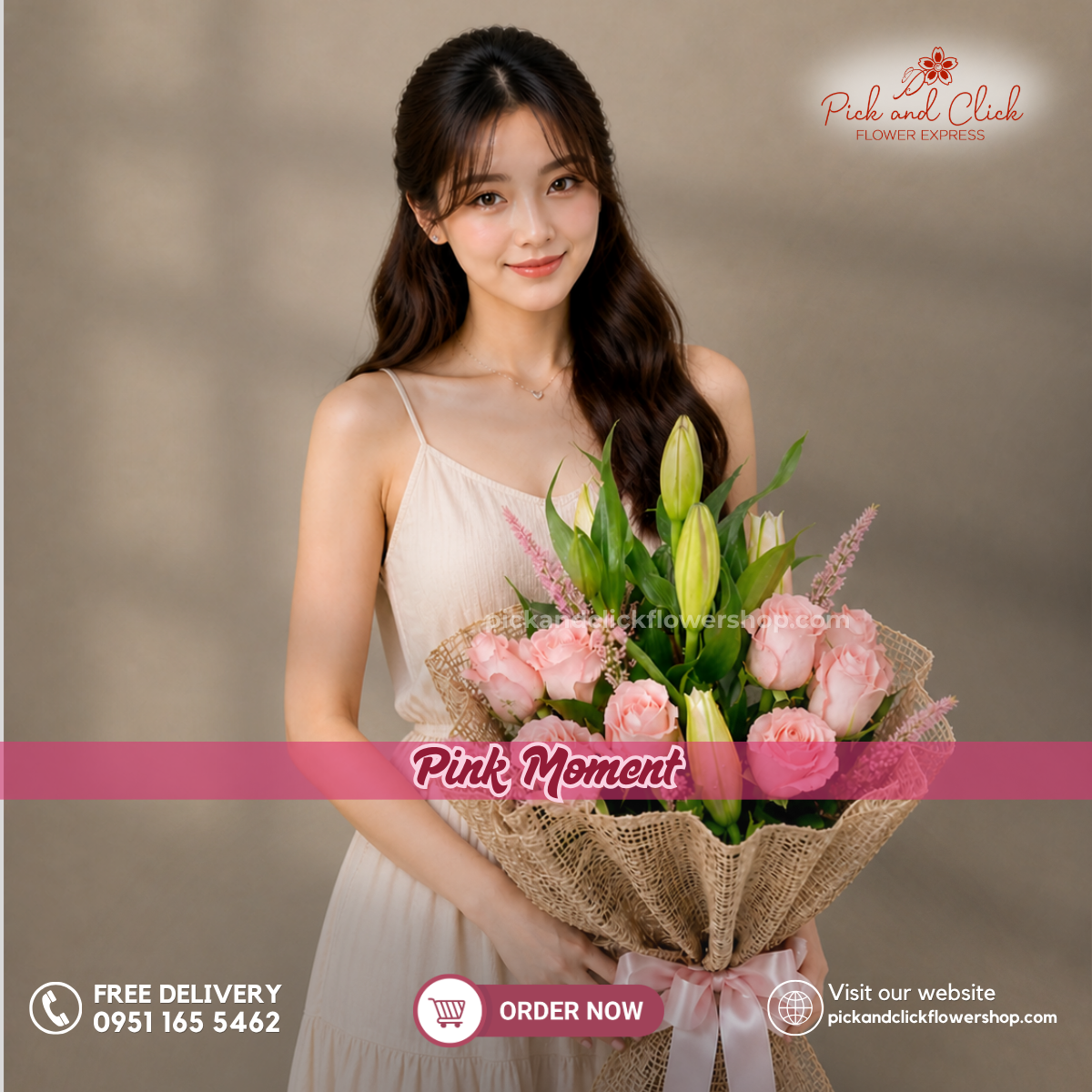 Pink Moment bouquet featuring fresh pink Stargazer lilies and premium pink roses, beautifully arranged to express love and admiration, perfect for birthdays, anniversaries, romantic gifts, and flower delivery in the Philippines.