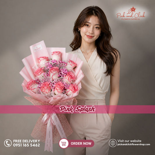 Pink Splash bouquet featuring fresh premium pink roses, beautifully arranged to symbolize grace, admiration, and love, perfect for birthdays, anniversaries, romantic gifts, and flower delivery in the Philippines.
