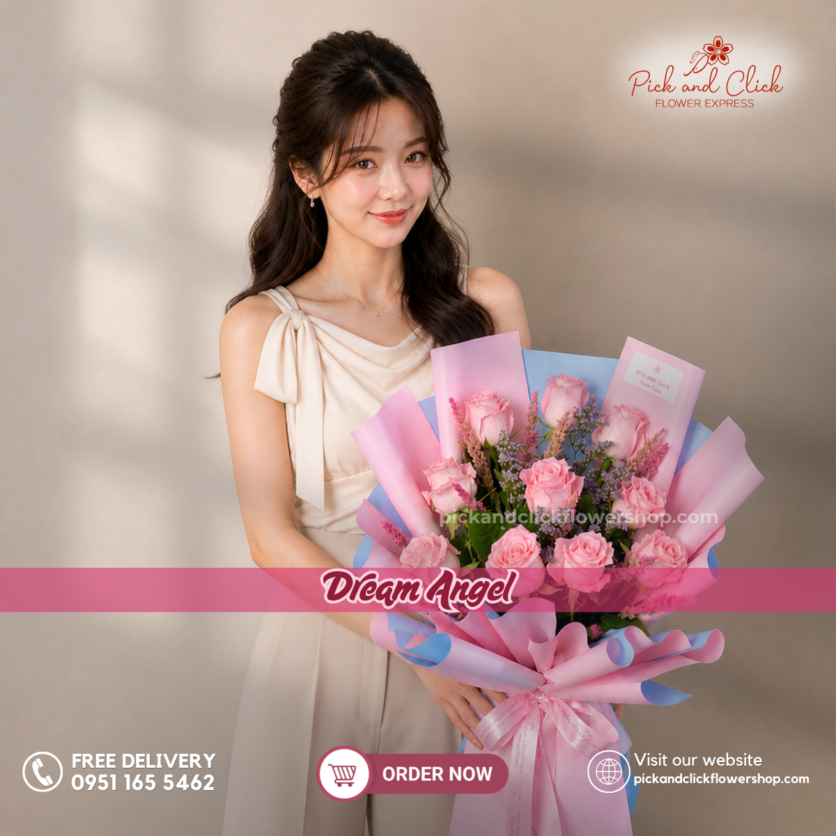 Dream Angel Bouquet featuring 10 pink roses, misty blue, pink sprayed trigo, and rosal, arranged in an elegant floral design with soft pink and pastel blue tones, a graceful and romantic bouquet perfect for birthdays, anniversaries, Mother's Day, weddings, and special occasions in the Philippines